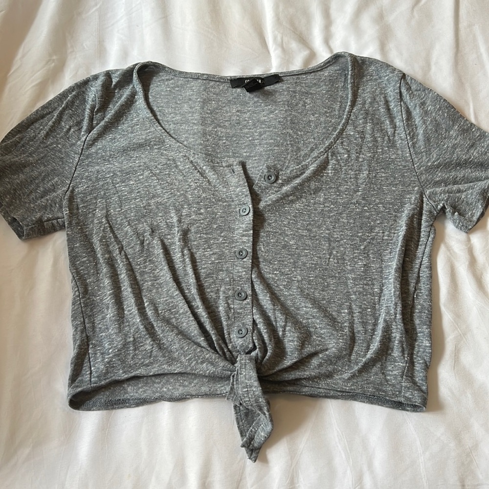 Grey Blue Tie Front Crop Top